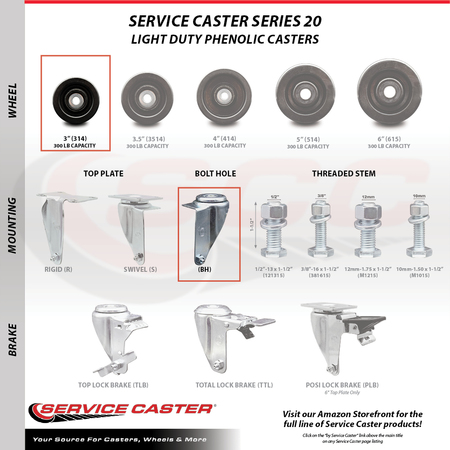 Service Caster 3 Inch SS Phenolic Wheel Swivel Bolt Hole Caster SCC-SSBH20S314-PHS